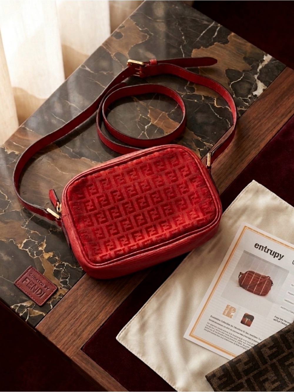 Fendi Zucchino FF Red Monogram Crossbody Bag comes with COA